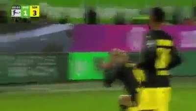 Wolfsburg fan reaction after Haaland does the pointing celebration towards him