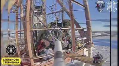 Russian soldier on a tower is hit by an FPV drone. 2025