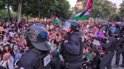 Thousands of people sit down to prevent police from intervening during the Paris demonstration in support of the release of the crew of the Madleen Freedom Flotilla, kidnapped by Israel.