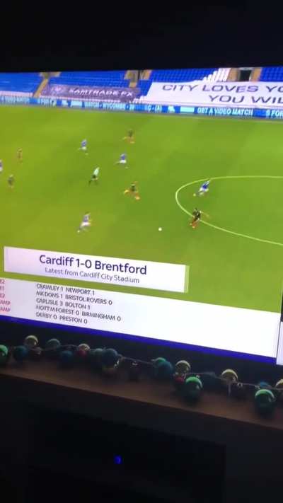 Cardiff City [1]-0 Brentford - Will Vaulks 45+4' (Goal from inside his own half)