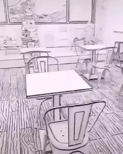 A cafe made to look like a sketch! Incredible 2D effect!