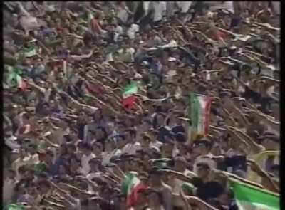 Thousands of Iranian fans making Nazi salute during the German national anthem in a friendly soccer match