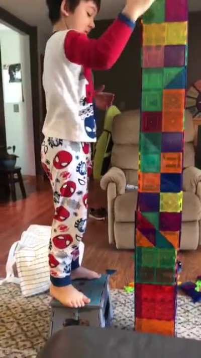 Our 5 year-old son has sleepovers at my parents&rsquo; every Saturday. My mom just sent me this gem. 😂 He definitely has his momma&rsquo;s grace! 🤣 (Tower Fail)