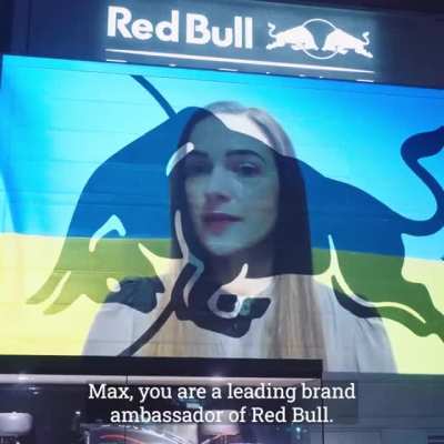 Redbull FI headquarters in UK . Ukrainian Nobel Peace Prize winner (2022) Oleksandra Matviichuk projects her thoughts on their fa&ccedil;ade
