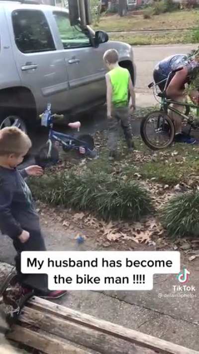 The neighborhood kids found out he can fix bikes so they all keep coming to him for help. He doesn&rsquo;t mind.