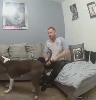 Man gets scared when his dog plays dead.