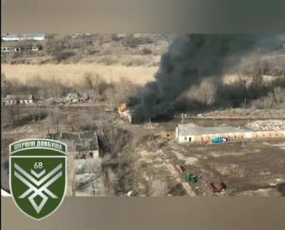 FPV drone destroys a Russian small warehouse of fuel and lubricants in Novovodyane village, Luhansk Oblast. Operator from the 68th Jaeger Brigade "Oleksa Dovbush" (28/March/2024)