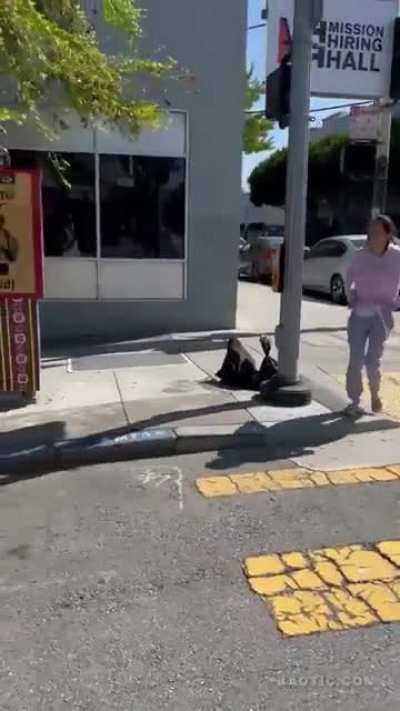 Woman losing it on the street tries to steal a car.