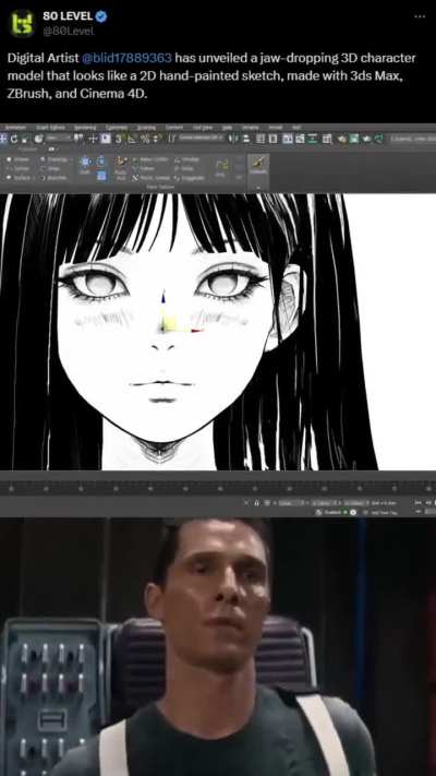 3D character model that looks like a 2D hand-painted sketch | Creds: blenderhub7