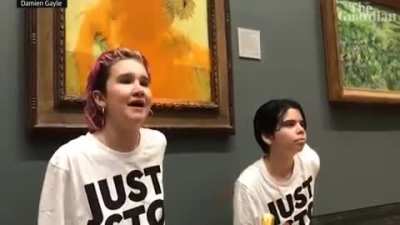 "Just Stop Oil" activists throwing a can of soup on a Van Gogh painting. Pointing out, if oil is worth more than life, food (the irony lol) and justice. (via the Guardian)