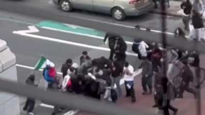 Anti-ICE protesters physically assaulted a man in Los Angeles.