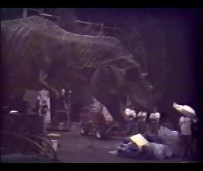 Testing the animatronics for the T-REX, from behind the scenes of "Jurassic Park" (which premiered 30 years ago today in 1993)