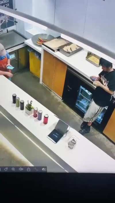 Dude got mad after trying to steal the tip jar