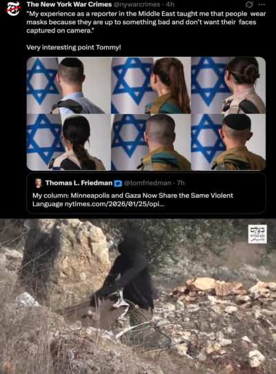Thomas Friedman compares ICE to Hamas, arguing they both wear masks. Israel has trained US police &amp;amp; regularly exports tools of oppression (field-tested on Palestinians). In this 2016 clip, masked IOF terrorists use a Palestinian child as a human shiel