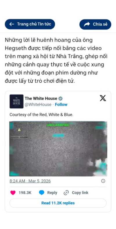 Tòa Bạch Ốc dùng hình ảnh từ phim ảnh và game pha trộn với clip quay cảnh thực tế để thuyết phục dân Mỹ ủng hộ cuộc xung đột giữa Mỹ và Iran.