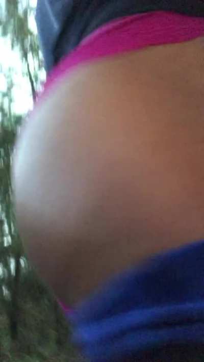 Bouncy butt cheeks in pink panties on public park trail