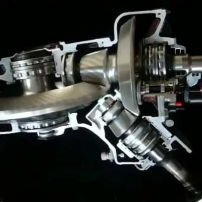 Hughes 500 helicopter transmission. Uses only two gear meshes to reduce turbine rpm of 6,000 down to rotor rpm of 500. Hughes 500 developed to the MD500 which is a civilian version of the US Army's OH-6A Cayuse/Loach.