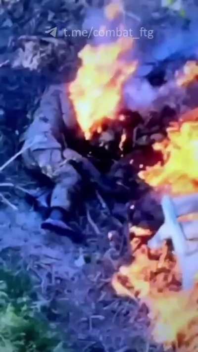 Russian Soldier Gets hit by an FPV and proceeds to burn.