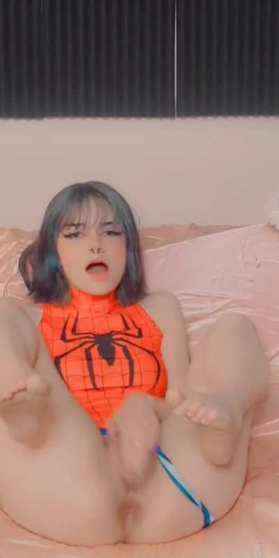 Woman With Spiderman Shirt Masturbates With Her Fingers