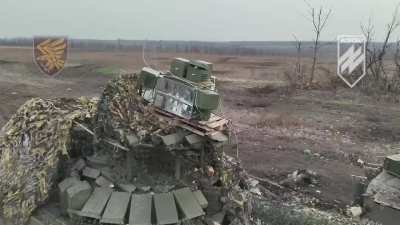 Combined forces of Ukrainian 95th Air Assault Brigade and 12th National Guard &ldquo;Azov&rdquo; Brigade destroy Russian armoured assault column and capture T-7B3M tank, near town Terny, April 2024