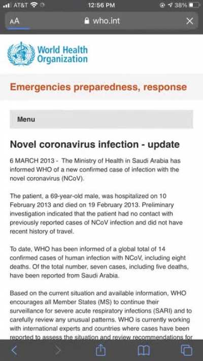 WHO website caught hiding their original announcement on a &ldquo;novel&rdquo; coronavirus outbreak in 2013 (Later Called MERS) Had to take a screenshot to read it.