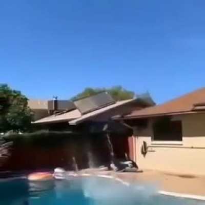 Backflip into a pool holding a girl