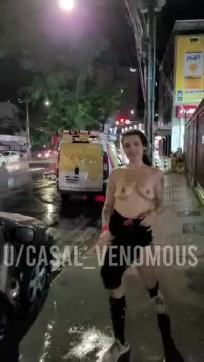 It was raining and I was bored. Clothes off to get in the car.