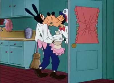 Goofy doing chores for his wife.