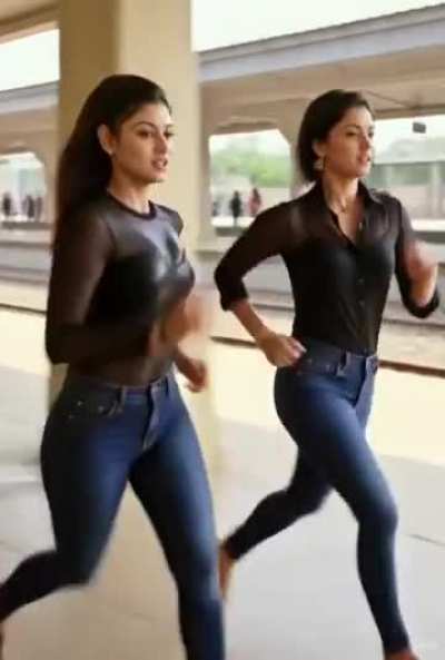 Girl are running to catch the train