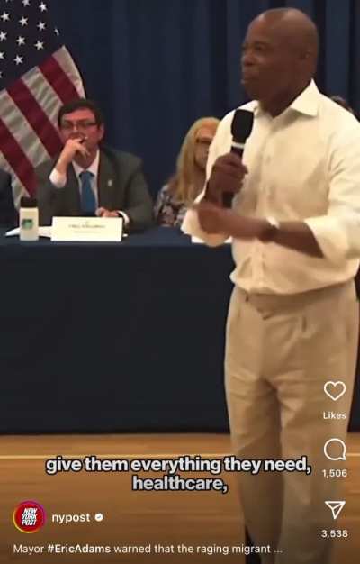 Mayor Eric Adams escalates his rhetoric on the migrant crisis at a town hall meeting - &ldquo;110,000. We have to feed them, educate their children, wash their laundry sheets&hellip;.this will destroy NYC&rdquo;
