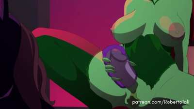 Forgetting her villainous mission, being engulfed with lust