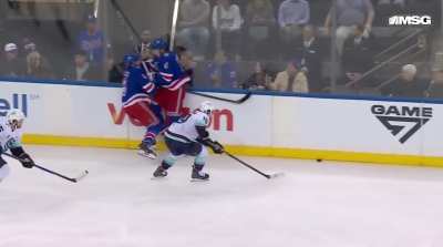 Braden Schneider lays a big hit on his captain, JT Miller