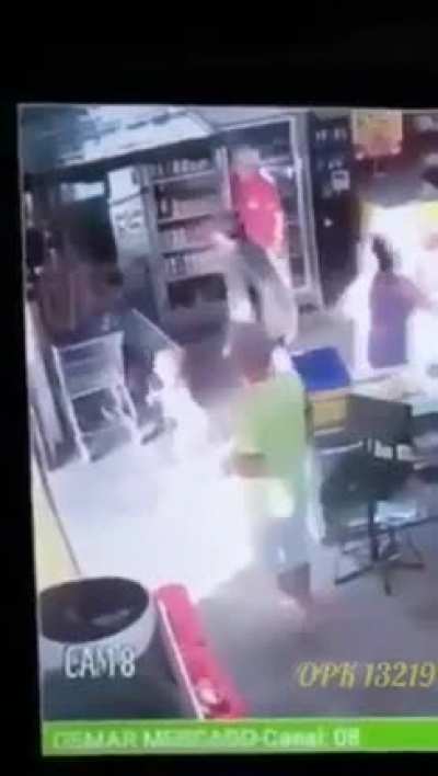 Man gets electrocuted while holding child. Red shirt guy saves the day!
