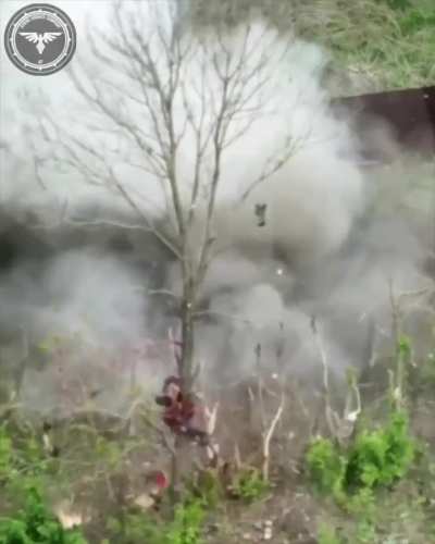 Russian soldier tries to shoot a heavy fpv drone, gets wounded in a result, May 2024