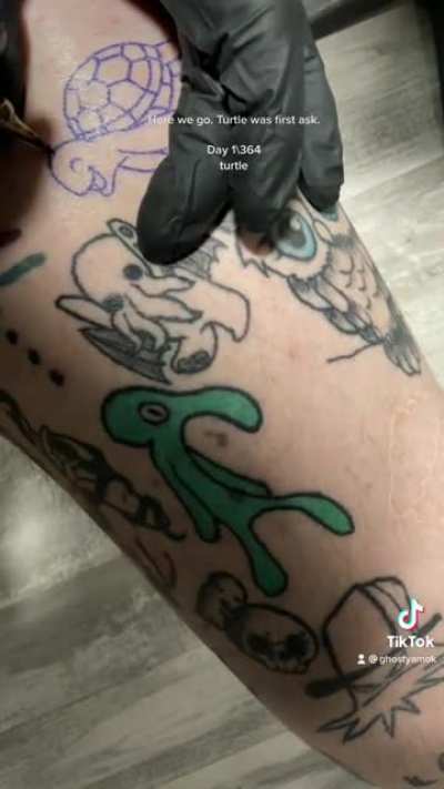 Ghostyamok ok tiktok. Posted yesterday about my tattoo every day for a year challenge. Here&rsquo;s the first one. Turtle as suggested by Reddit.