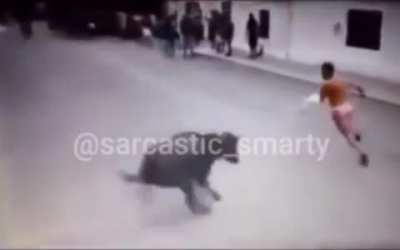 Man running from bull
