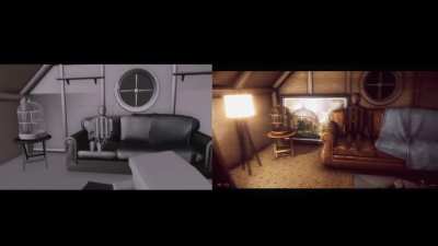 This is my first concept I did vs final version for my Fatal-Frame inspired horror game, where you have to take pictures of ghost anomalies and pet your cat to restore your sanity.