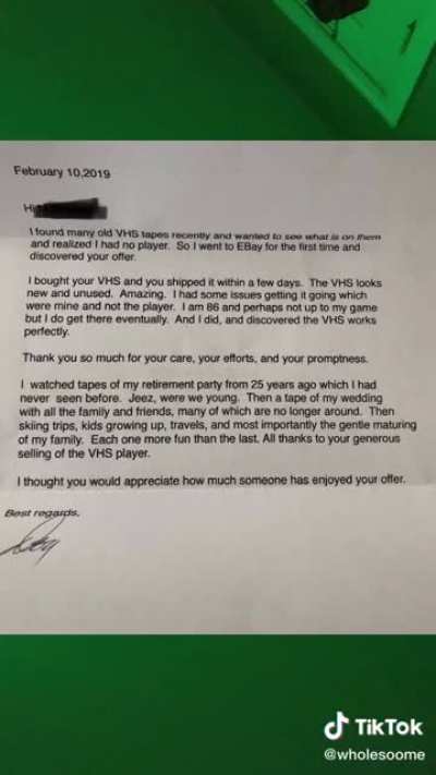 A letter from someone he sold a VHS player to
