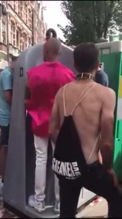 Guy collects other men's pee in an open air urinal, then drinks several cups of it