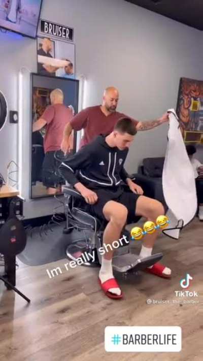 When you get to cut the tallest teenager in the world's hair! Olivier Rioux NEVER disappoints when he is on camera! Last time I checked, he's either 7'5