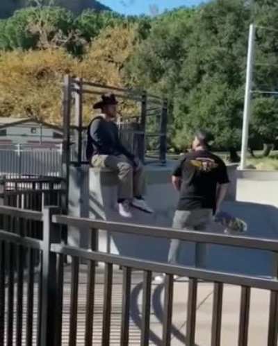 Guy gets in kid's face at skatepark for cursing then gets confronted