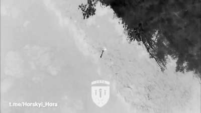Ukrainian drone operators of the "Hora" group drop charges on a Russian boat and soldiers. 
