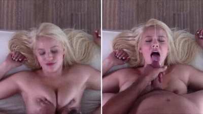 Cutie earns a facial with her massive tits