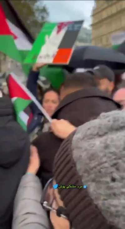 Man holds up sign saying "Hamas is terrorists" during protest in London.