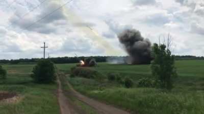 A pair BM-27 "Hurricane" 220mm of the Ukrainian Rocket Forces firing at Russian targets. Archival footage, date not mentioned.
