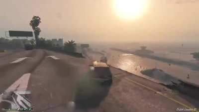 Driving off the highway and landing on the back of a truck as requested