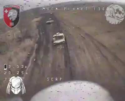 Footage of a Ukrainian FPV pilot attacking a Russian VTS &ldquo;Ladoga&rdquo; military transport vehicle vehicle. Only ~5 were ever built for evacuating VIPs after a nuclear strike.