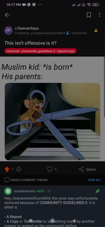 The automoderator of this sub is fucking broken man! But I do agree kunal+ some stand up comedian&amp;gt;= Jerry holding scissors.