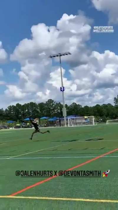 Jalen Hurts and DeVonta Smith working on deep ball today. Can&rsquo;t Wait to see this duo together this upcoming season.