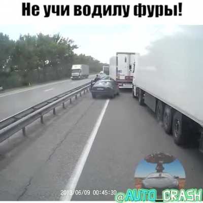 Guy keeps brake checking a semi, truckers friends come for help and present the guy his prize